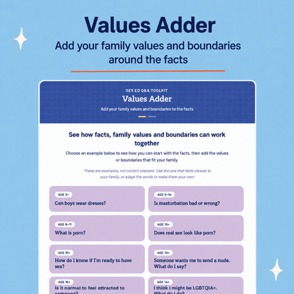 A digital infographic template titled 'Values Adder' from the 'SEE ED Q&A TOOLKIT' on a light blue background. The graphic features a dark blue header and a white main body with multiple light purple rounded boxes containing age-appropriate questions about family values and boundaries.