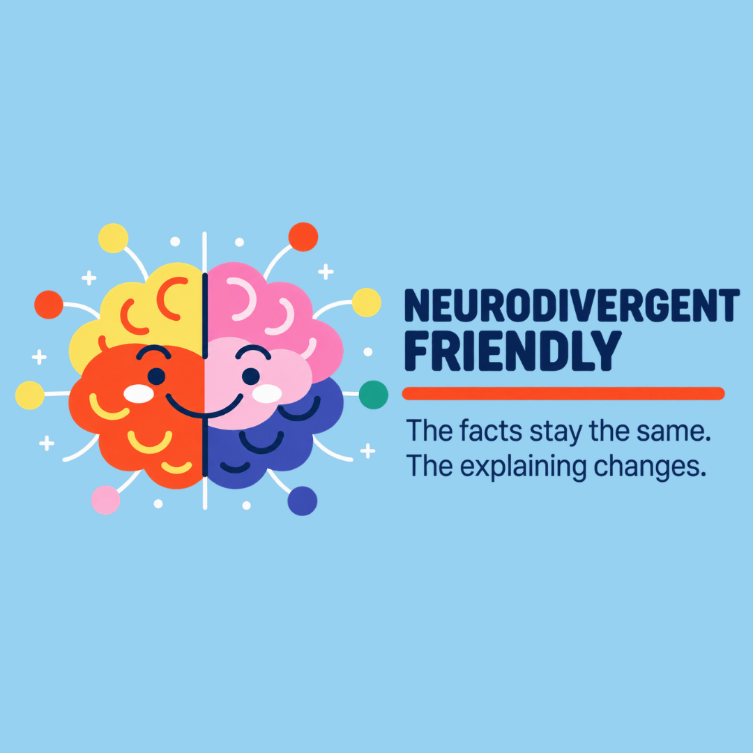 A flat vector illustration on a light blue background with a smiling brain split into orange, yellow, pink, and blue sections, alongside the text 'NEURODIVERGENT FRIENDLY' and the subtitle 'The facts stay the same. The explaining changes.