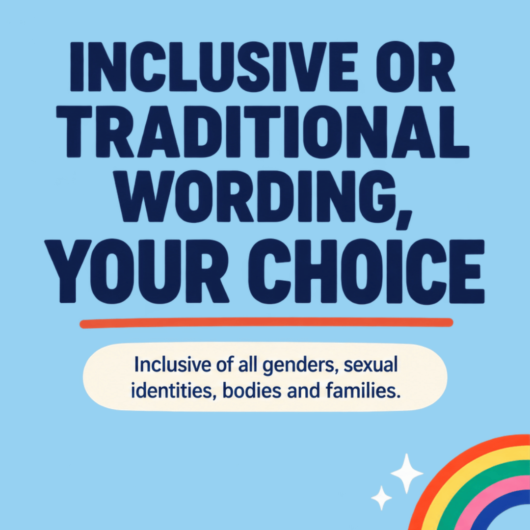 A square graphic with the text 'INCLUSIVE OR TRADITIONAL WORDING, YOUR CHOICE' in large dark blue letters on a light blue background, with a cream speech bubble reading 'Inclusive of all genders, sexual identities, bodies and families.' and a partial rainbow in the lower right corner.