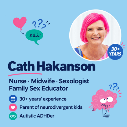 A promotional graphic for Cath Hakanson, featuring a circular portrait of a smiling woman with bright pink hair on a light blue background. Text reads 'Cath Hakanson' and lists her roles as nurse, midwife, sexologist, and family sex educator, with icons for 30+ years experience, parent of neurodivergent kids, and autistic ADHD.