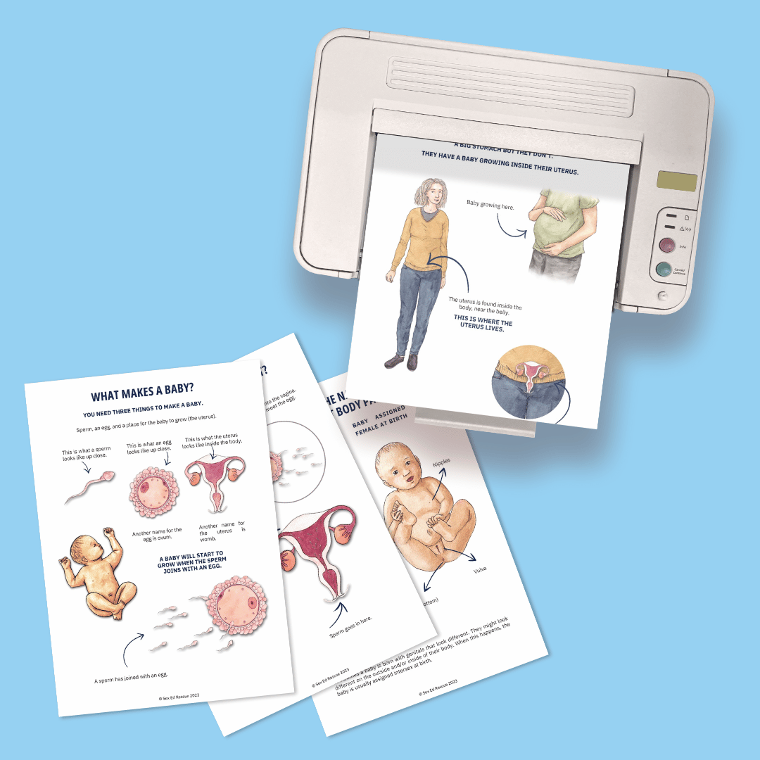 photo of printer and illustrated Q&A images for birds and bees talk printable