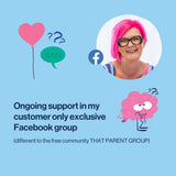 photo of cath hakanson and an explanation that parents can then get additional support in my private client only facebook group