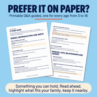 Printable Q&A guides for every age from 3 to 18, shown as two sample pages for parents to read and keep nearby.