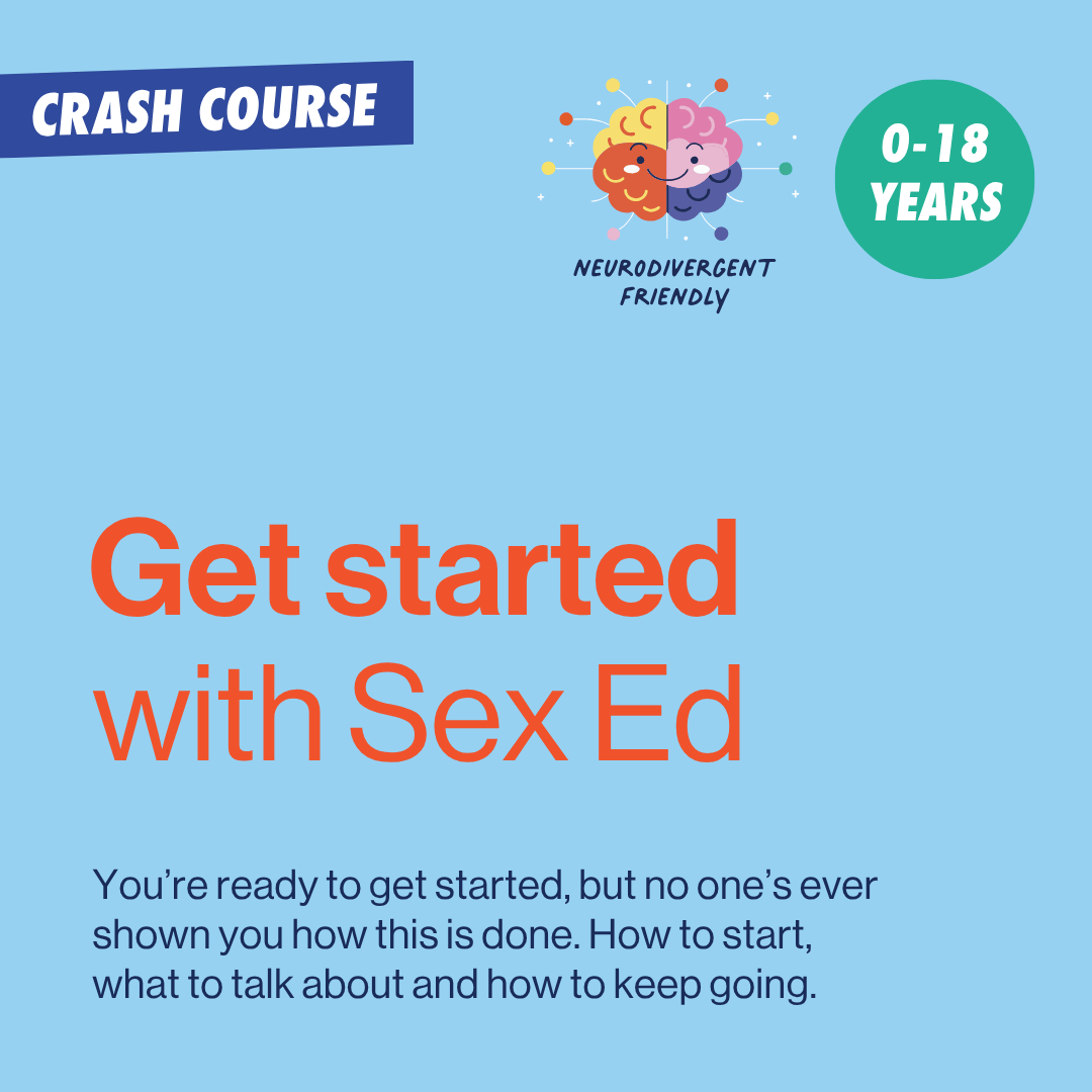 Cover for Get Started with Sex Ed, a crash course for parents of children aged 0 to 18. You’re ready to get started, but no one’s ever shown you how this is done. How to start, what to talk about and how to keep going.