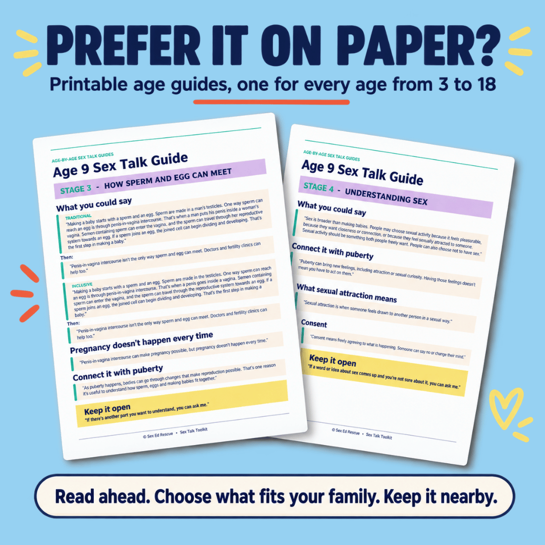Printable age guide posters shown on a light blue background with promotional text. The image features two sample pages titled 'Age 9 Sex Talk Guide' with sections on sexual health and puberty, plus the headline 'PREFER IT ON PAPER?' and a note about printable age guides from 3 to 18.