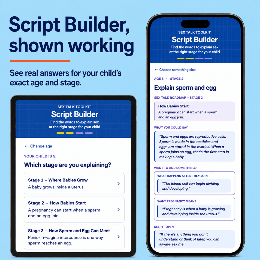 Promotional graphic for the Script Builder sex talk toolkit, showing two smartphone screens and one tablet screen with the app interface on a light blue background with dark blue headline text.