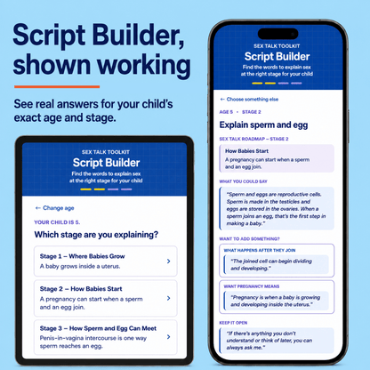 Promotional graphic for the Script Builder sex talk toolkit, showing two smartphone screens and one tablet screen with the app interface on a light blue background with dark blue headline text.