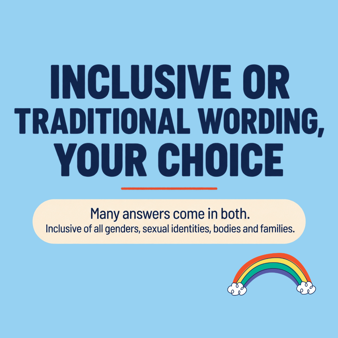 Inclusive sex education resources with a choice of inclusive or traditional wording. Many answers include both.