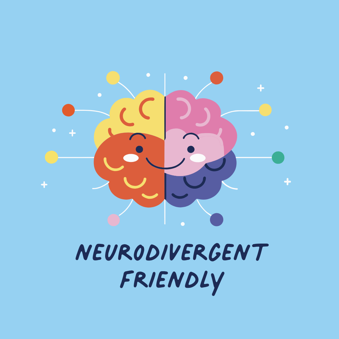 Illustration of a brain split into two halves with colorful faces on a blue background, accompanied by the text 'Neurodivergent Friendly'.