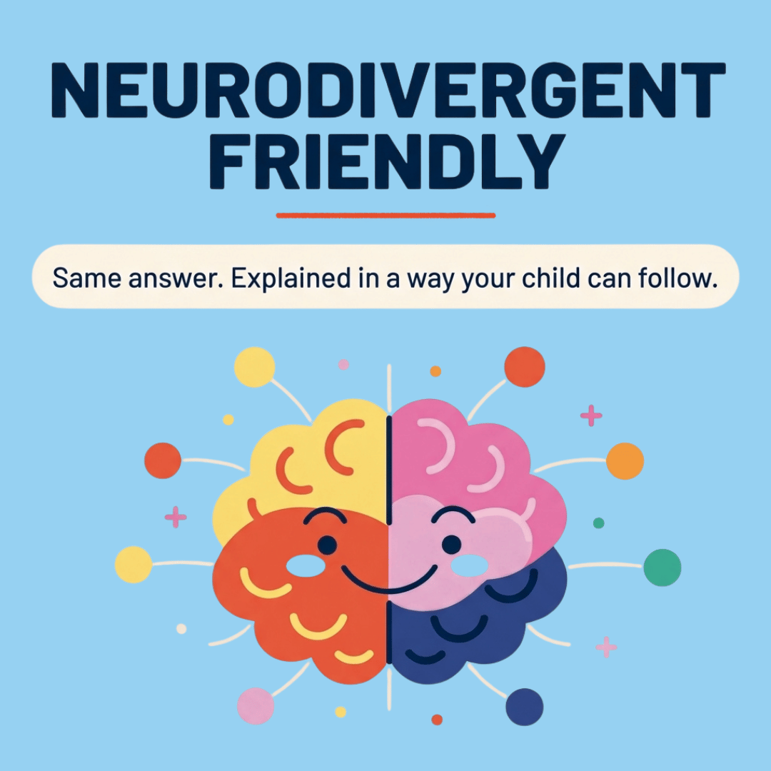 Colourful brain illustration with the message: “Neurodivergent friendly. Same answer. Explained in a way your child can follow.”
