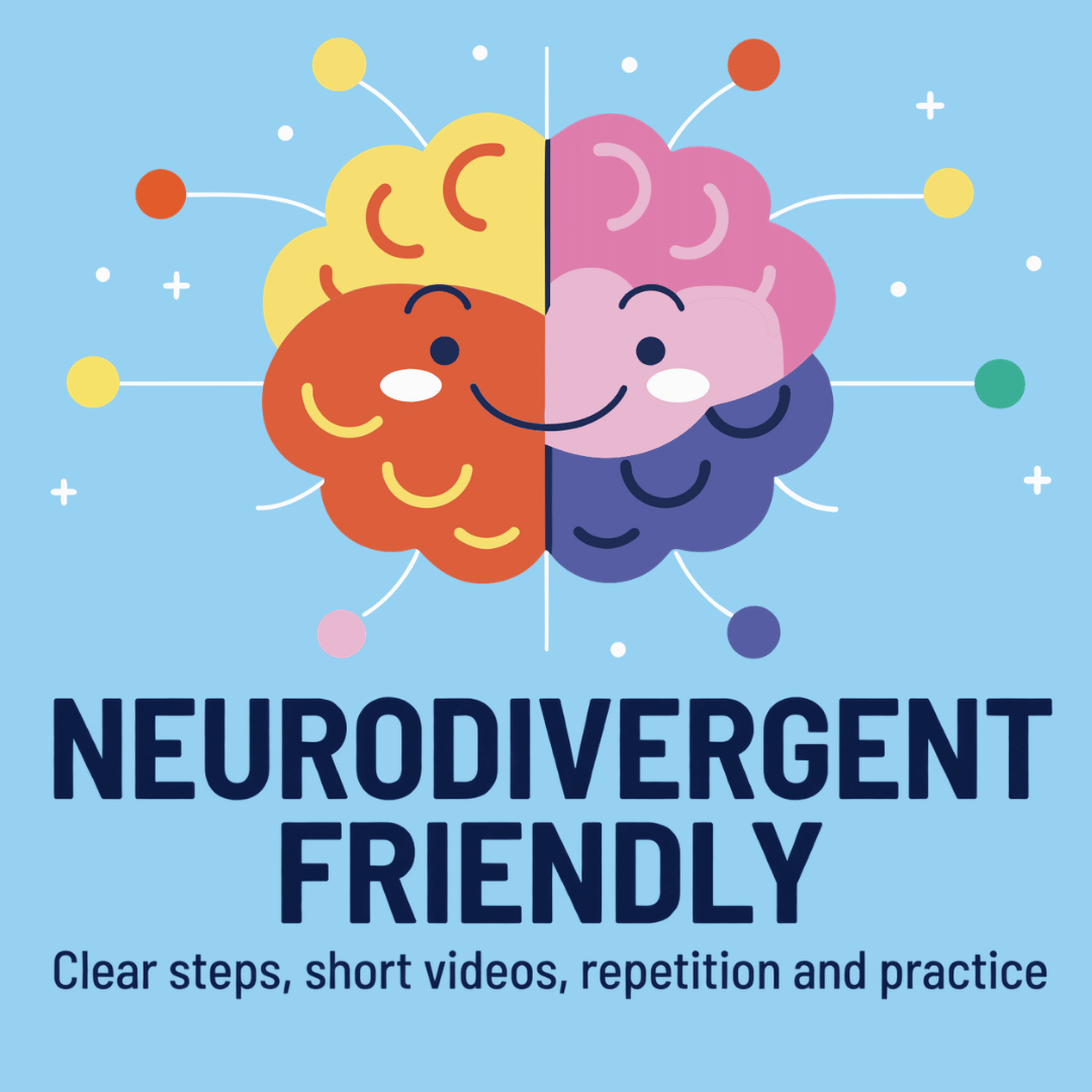 Illustration of a brain split into two colourful halves, with the text “Neurodivergent friendly”, showing that Period Ready uses clear steps, short videos, repetition and practical rehearsal for autistic, ADHD and other neurodivergent children.
