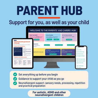 The Period Ready Parent Hub on a laptop, tablet and phone, showing the Neurodivergent Support lesson, a printable and the lesson list, with guidance for parents on setting up and supporting their child.