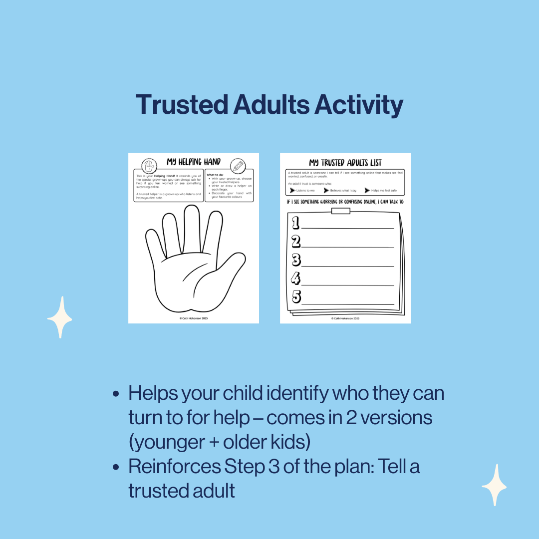 Two worksheets titled 'My Helping Hand' and 'My Trusted Adults List' on a blue background with text about the activity.