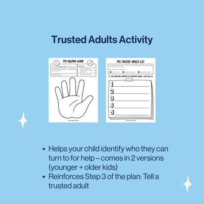 Two worksheets titled 'My Helping Hand' and 'My Trusted Adults List' on a blue background with text about the activity.
