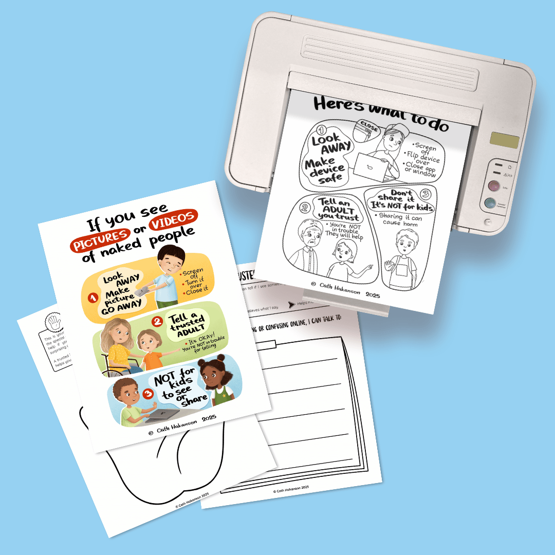 printer and posters that show kids how to respond to porn safety poster