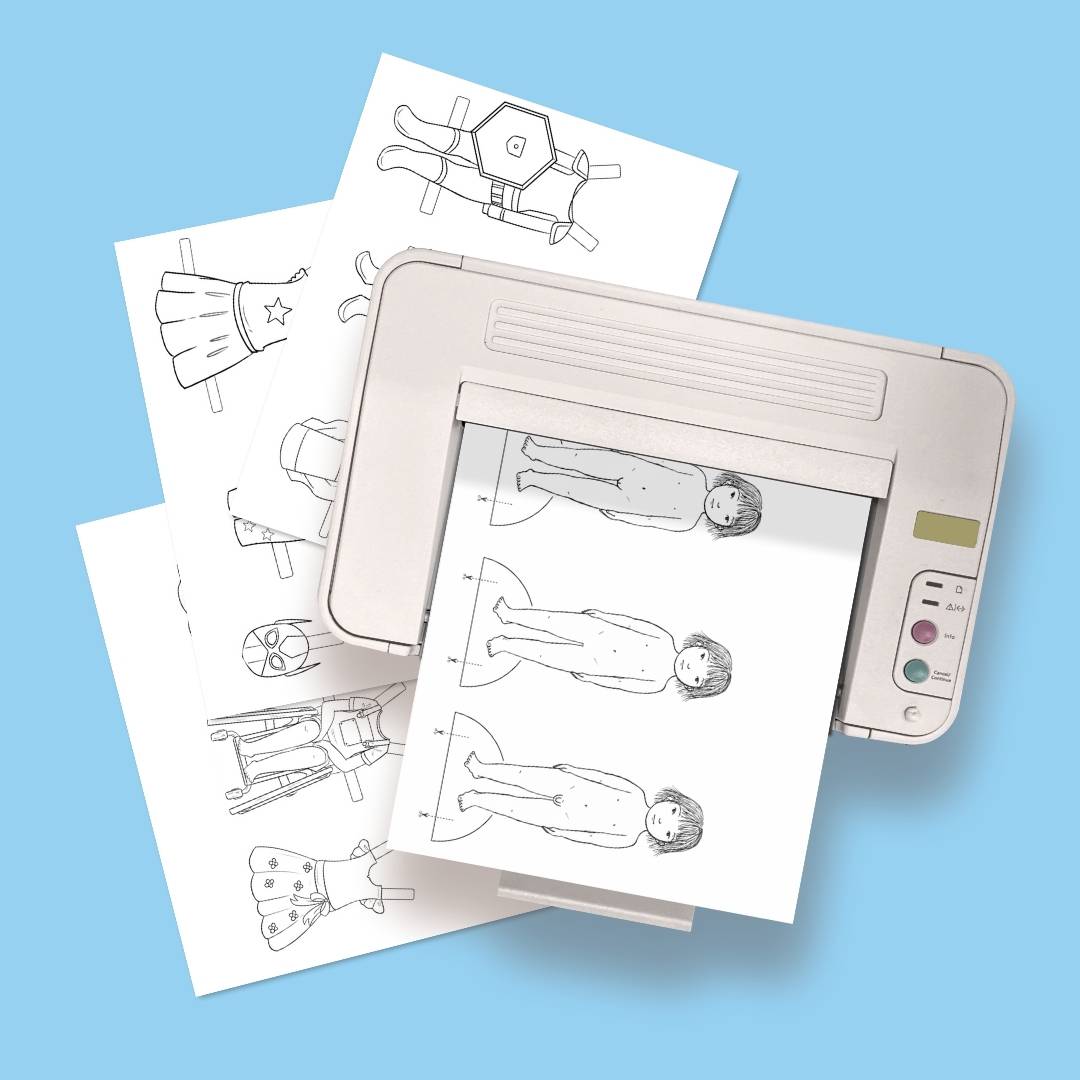 printer with pages of the printable dress up paper dolls
