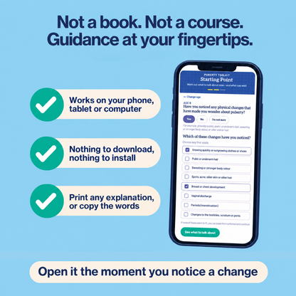 Online puberty guide for parents and families shown on a phone, with explanations to read, print or copy and nothing to install.
