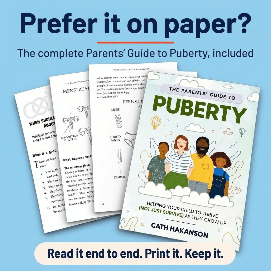 Puberty resources for children: cover and sample pages of Cath Hakanson’s printable Parents’ Guide to Puberty, included with the toolkit.