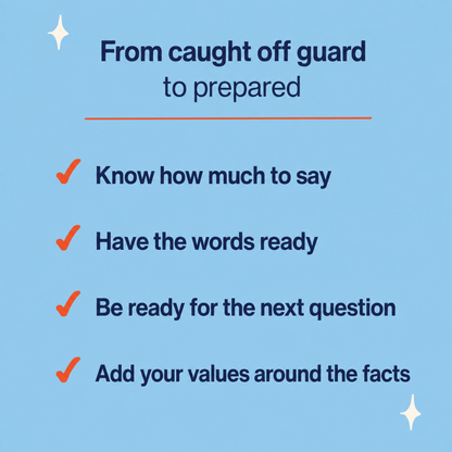 A light blue graphic with the headline 'From caught off guard to prepared' in dark navy text, underlined in orange. Four checklist items with orange checkmarks read: 'Know how much to say,' 'Have the words ready,' 'Be ready for the next question,' and 'Add your values around the facts.