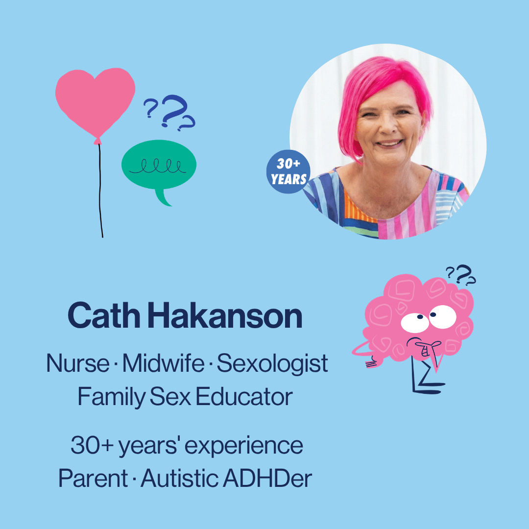 A light blue promotional graphic featuring a circular portrait of Cath Hakanson with bright pink hair, alongside text identifying her as a nurse, midwife, sexologist, family sex educator, and autistic ADHDer. Decorative elements include a pink heart balloon, a green speech bubble, and a pink cartoon brain.
