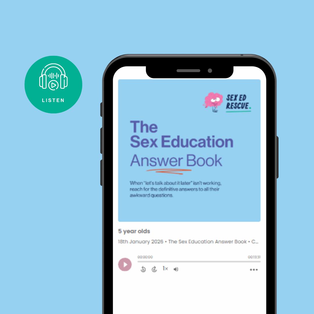 Phone displaying 'The Sex Education Answer Book' app on a blue background with a green 'Listen' icon.