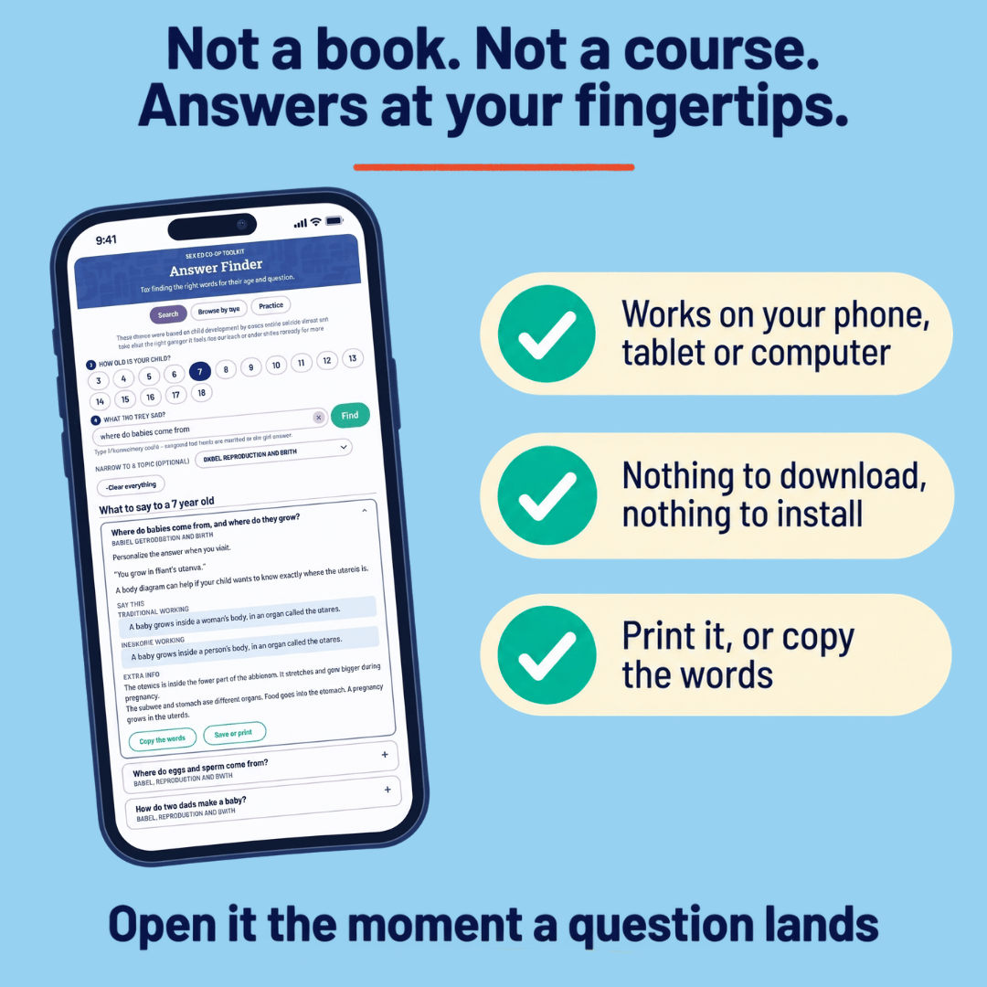Sex education answers on a phone, with options to read, copy or print the words when a child asks a question.