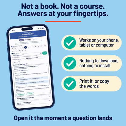 Sex education answers on a phone, with options to read, copy or print the words when a child asks a question.