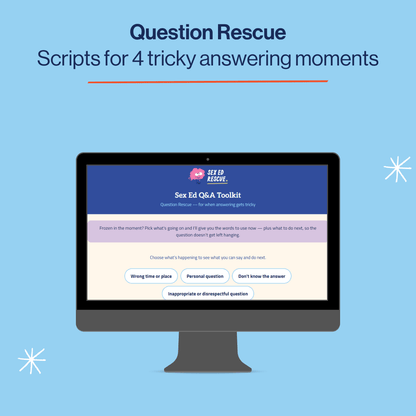 Promotional graphic for a digital product, 'Question Rescue Scripts for 4 tricky answering moments' by Sex Ed Rescue, displayed on a computer monitor mockup against a light blue background.