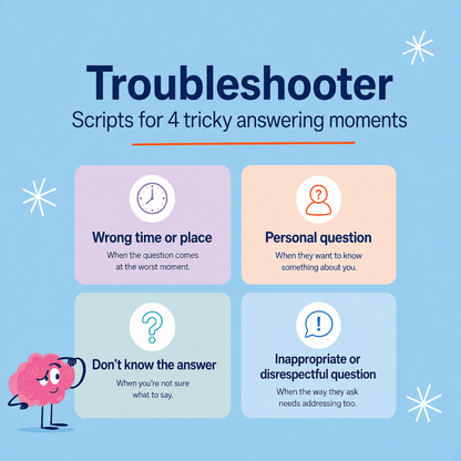 A light blue graphic titled 'Troubooter' with the subtitle 'Scripts for 4 tricky answering moments.' It shows four pastel panels with icons and text for: Wrong time or place, Personal question, Don't know the answer, and Inappropriate or disrespectful question.