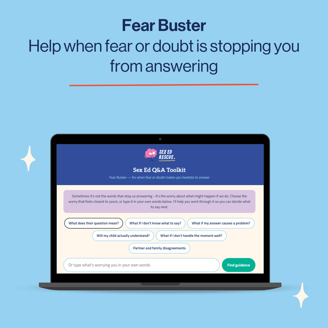 A laptop mockup on a light blue background displaying the 'Sex Ed Q&A Toolkit' by 'Ed Rescue' under the heading 'Fear Buster'. The screen shows a dark blue interface with white text boxes and a green 'Find guidance' button.