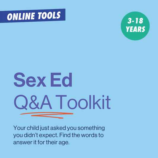 Promotional graphic for the Sex Ed Q&A Toolkit, an online educational resource. The design features a light blue background with purple text, a dark blue 'ONLINE TOOLS' banner in the top-left, and a green circular badge in the top-right indicating suitability for ages 3-18.