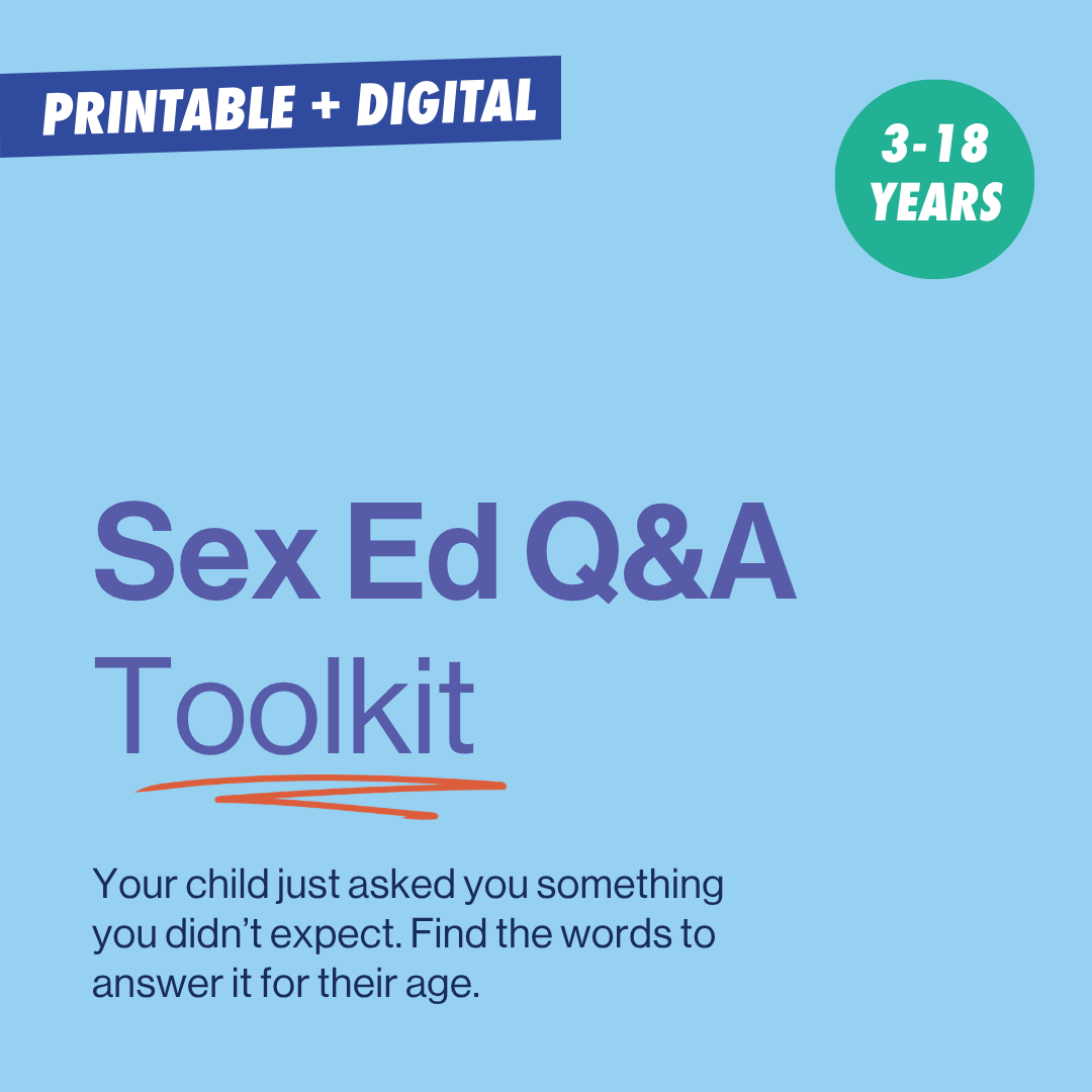 Promotional graphic for a printable and digital Sex Ed Q&A Toolkit, featuring a light blue background with purple text, a dark blue 'PRINTABLE + DIGITAL' banner, a teal '3-18 YEARS' badge, and a small orange scribble accent.