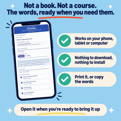 Promotional graphic for a digital script builder app, featuring a smartphone mockup displaying the interface on a light blue background. Text reads 'Not a book.