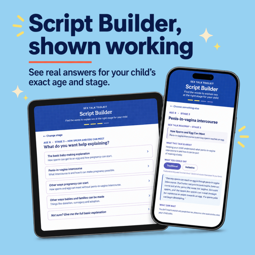 Promotional graphic for Script Builder, showing a tablet and smartphone displaying the app interface on a light blue background with large headline text reading 'Script Builder, shown working.'.