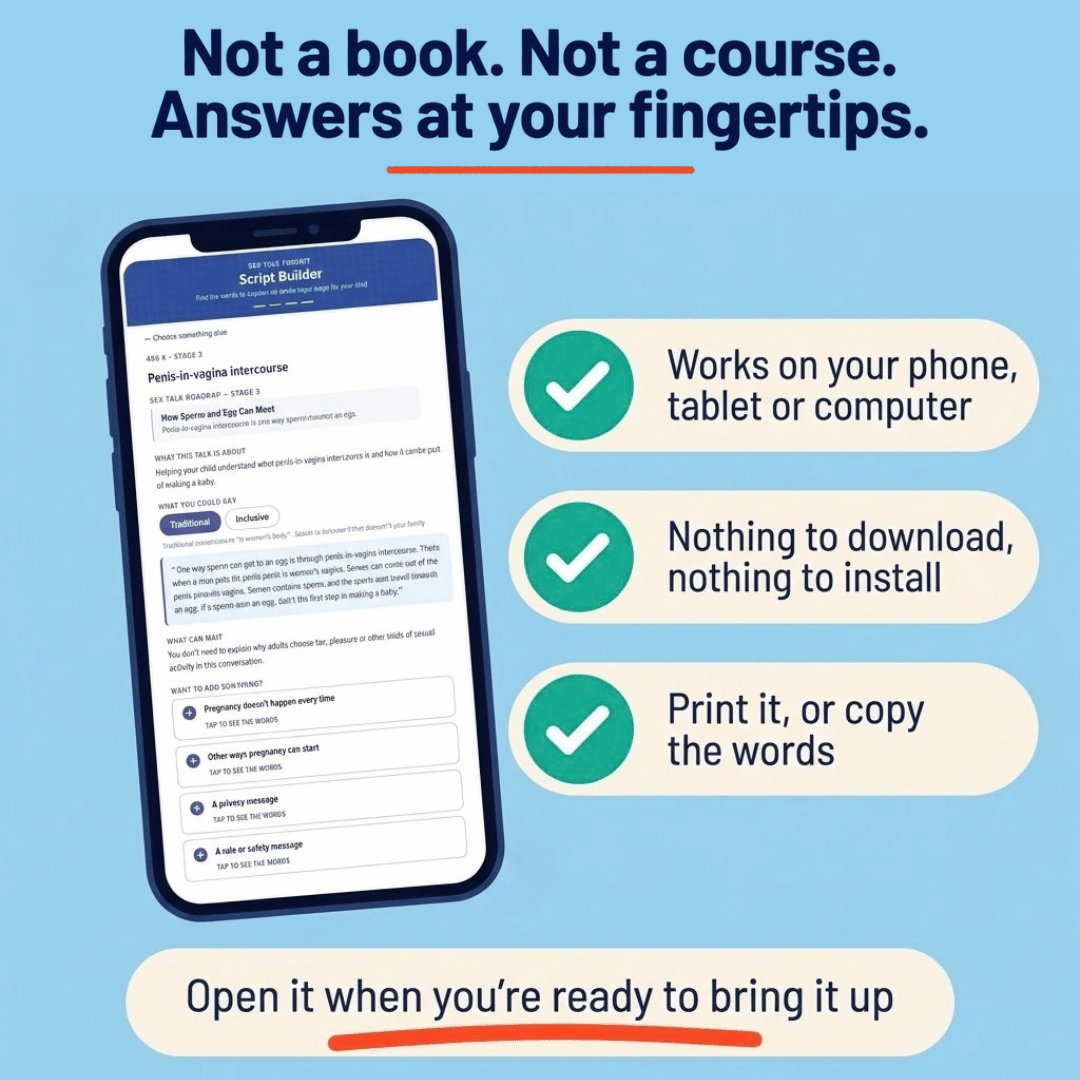 Sex Talk Toolkit shown on a phone. Works on phones, tablets and computers, with answers to read, print or copy and nothing to install.