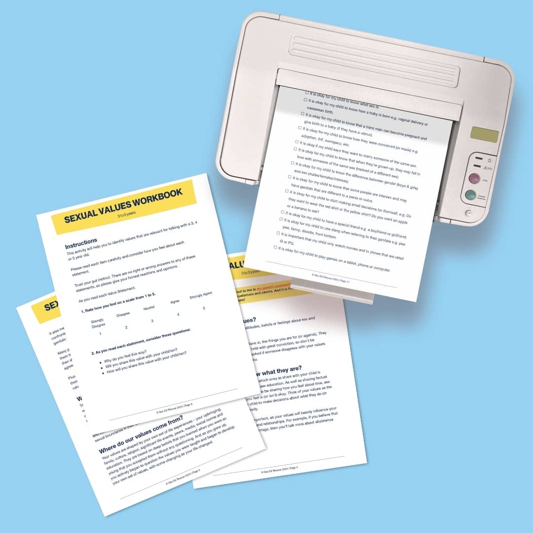 printer and pages from the workbook of sexual attitudes values and beliefs