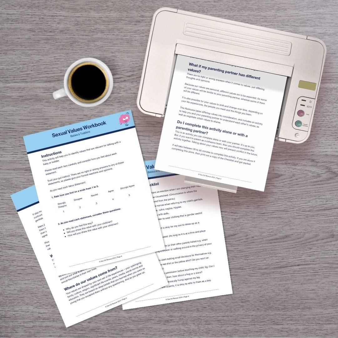 printer and pages from the workbook of sexual attitudes values and beliefs