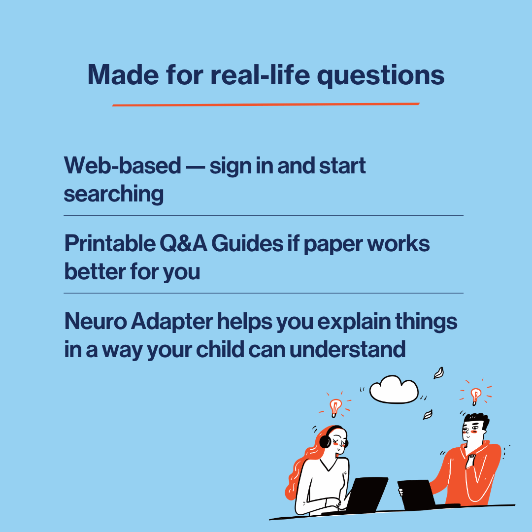 Promotional graphic on a light blue background with dark blue text reading 'Made for real-life questions' and three feature bullet points about web-based searching, printable Q&A guides, and a neuro adapter. A small illustrated scene at the bottom shows two people at a desk with laptops and thought bubbles.