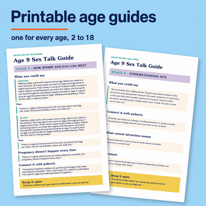 Two printable age guide worksheets titled 'Age 9 Sex Talk Guide' shown on a light blue background with the text 'Printable age guides' and 'one for every age, 2 to 18'. The guides feature sections for Stage 3 and Stage 4 with text prompts and suggested discussions.