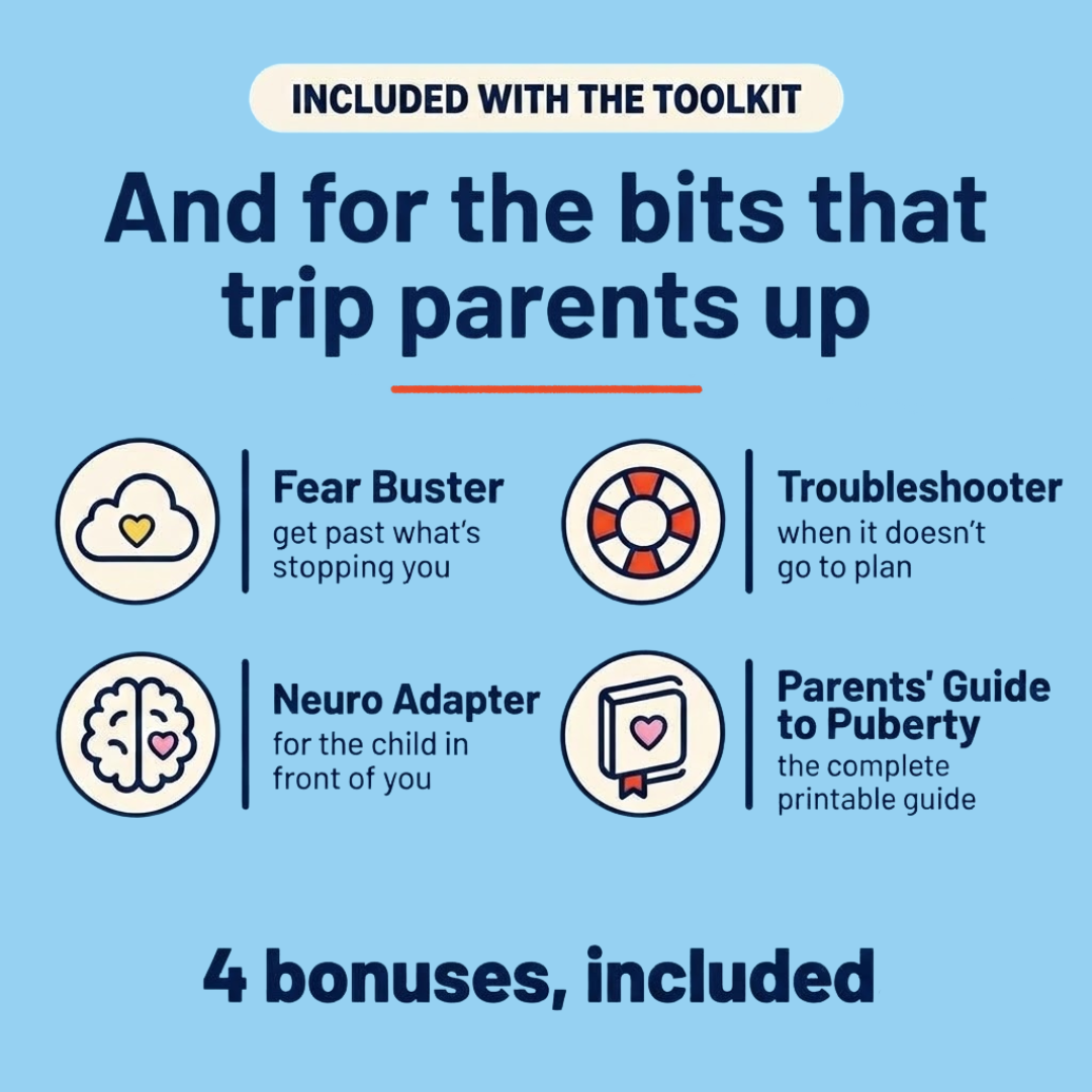 Teaching puberty resources include Fear Buster, Troubleshooter, Neuro Adapter and a printable Parents’ Guide to Puberty.