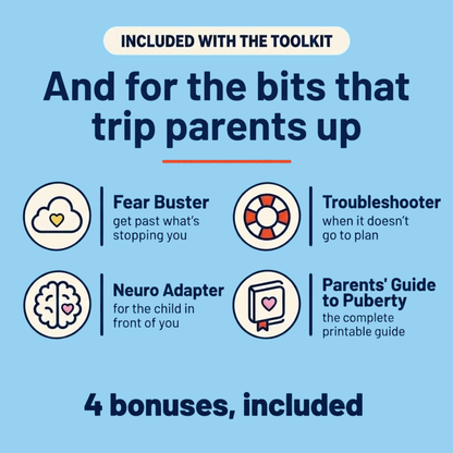 Teaching puberty resources include Fear Buster, Troubleshooter, Neuro Adapter and a printable Parents’ Guide to Puberty.