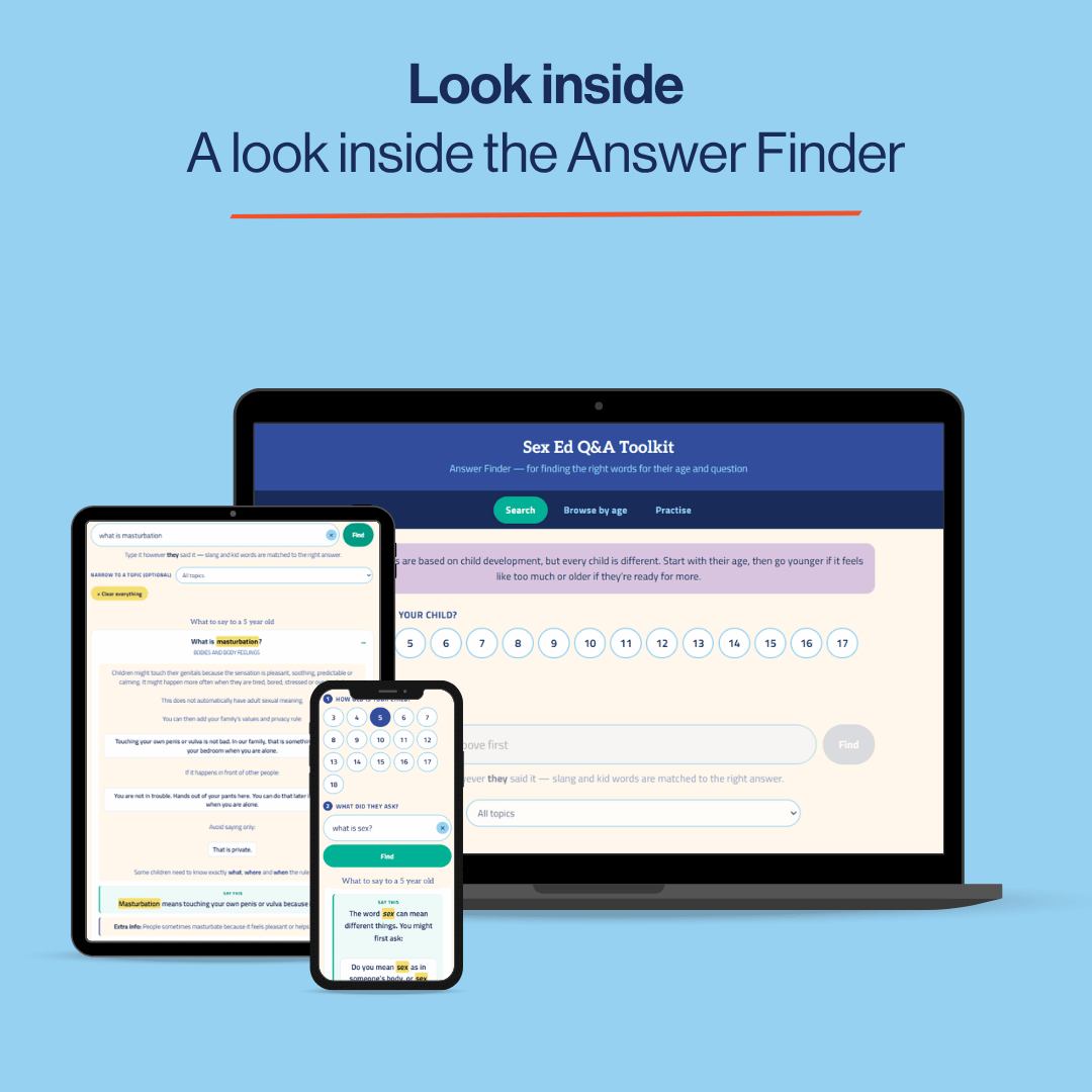 A promotional graphic showing a digital Answer Finder interface displayed on a laptop, tablet, and smartphone against a light blue background, with the headline 'Look inside A look inside the Answer Finder' at the top.