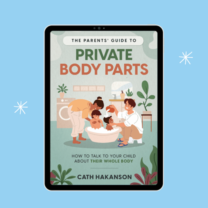 Book cover of 'The Parents' Guide to Private Body Parts' on a tablet screen with a blue background